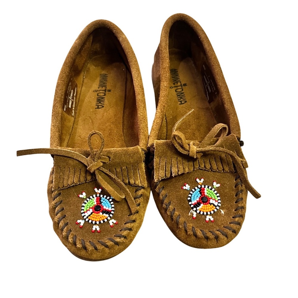 Minnetonka Thunderbird II Brown Suede Beaded Moccasin Loafers 403J Womens 7